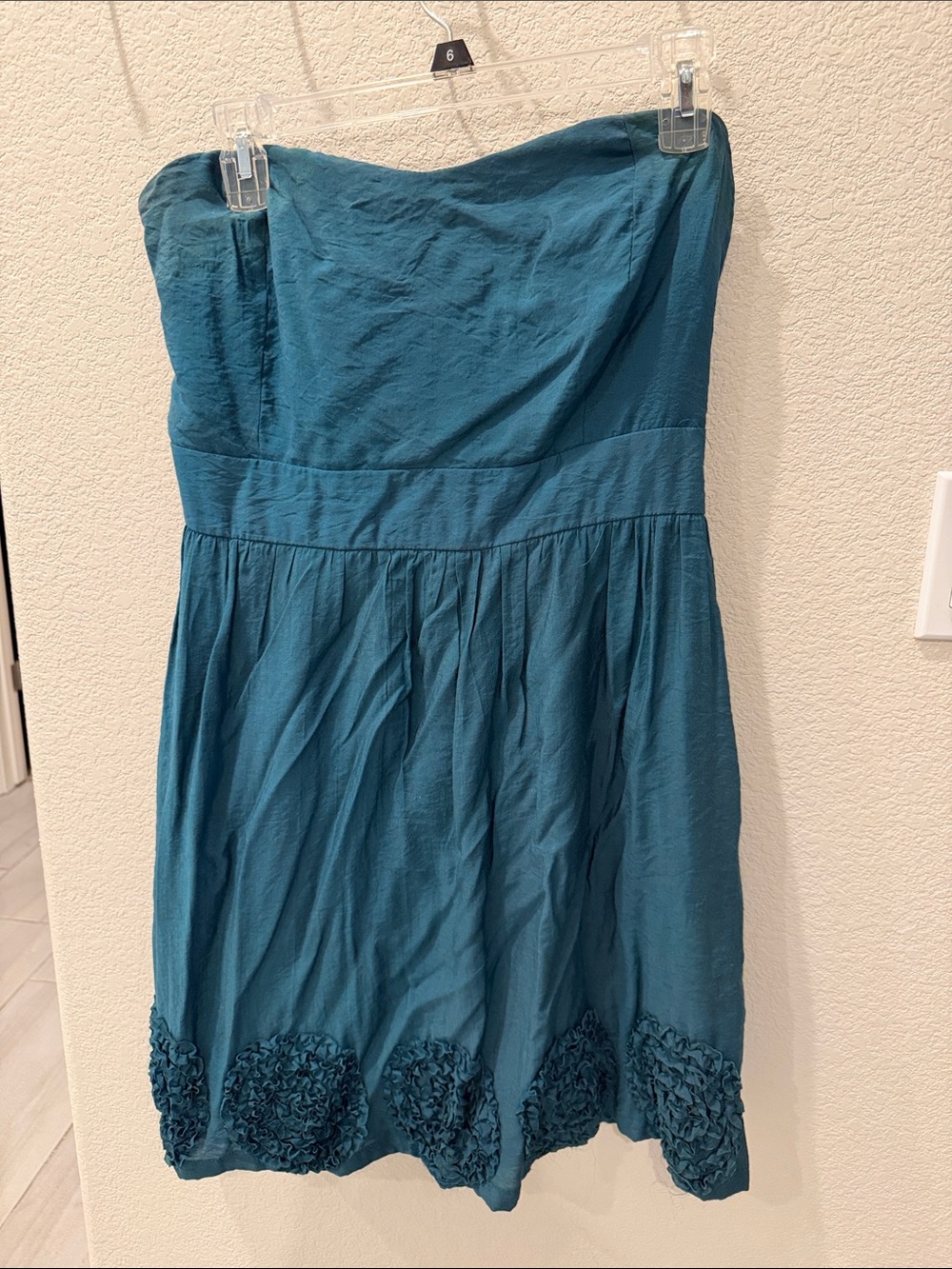 Francesca's Collections Strapless Teal Blue A-Line Dress with Rosette Hem